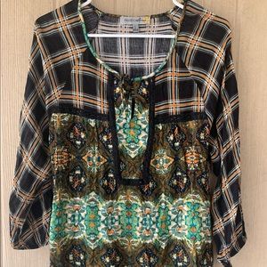 Unique Floral Plaid Tunic Blouse Sz L Black Green